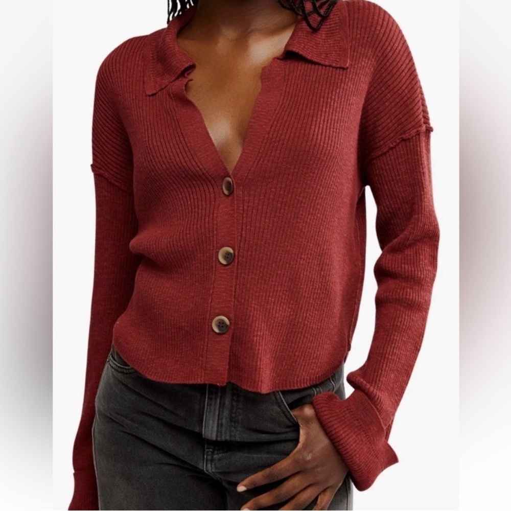 Women's Free People Burgundy Button-Up Sweater
